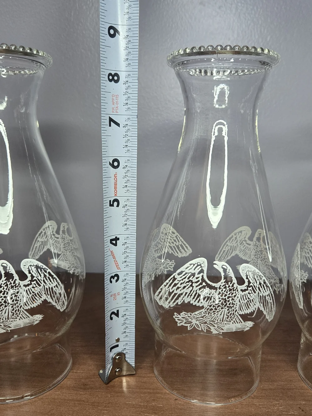 Clear Glass Hurricane Vase with White Etched Eagle Motif Set Of 3
